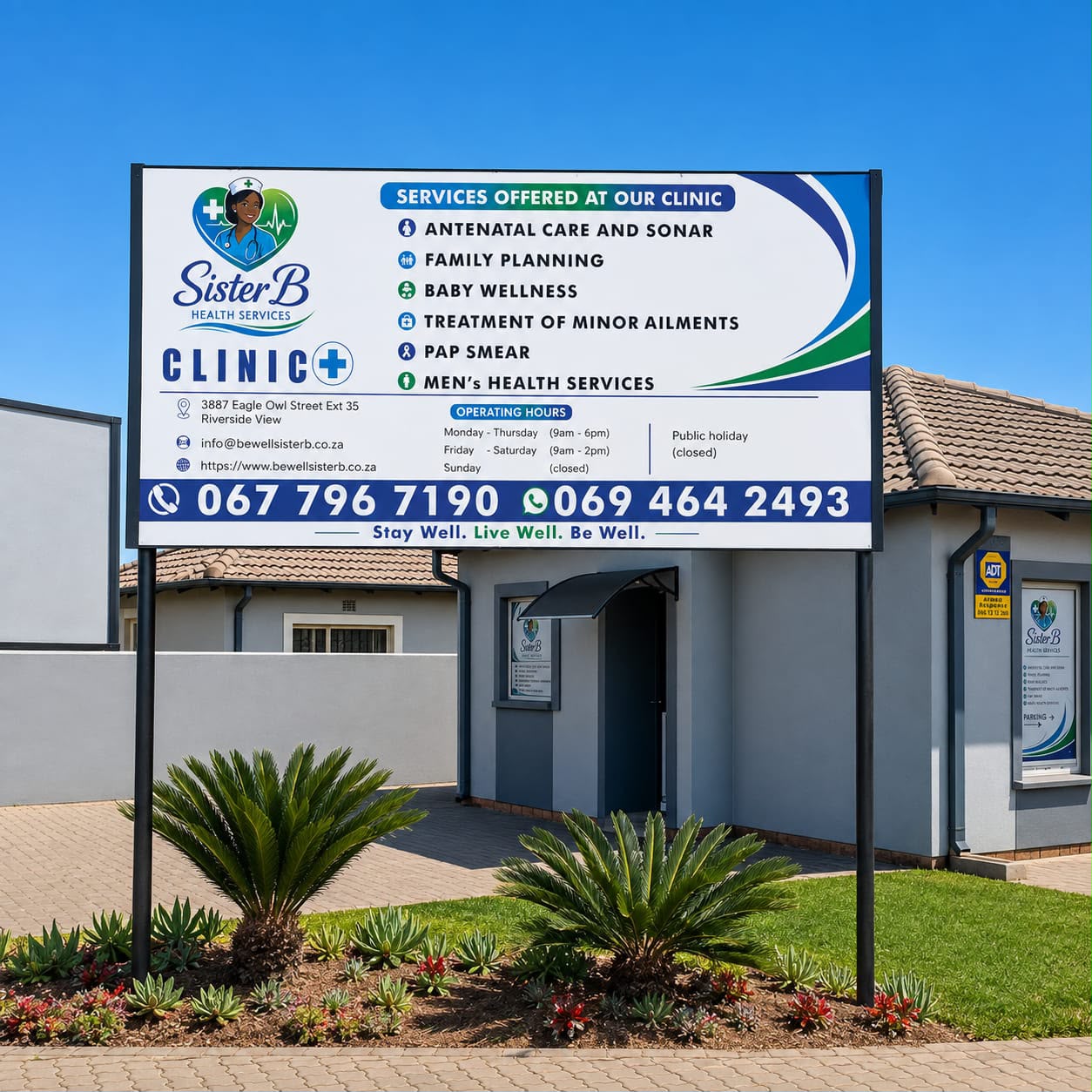 SisterB Health Services clinic signage at Riverside View, Fourways — services, operating hours and contact details