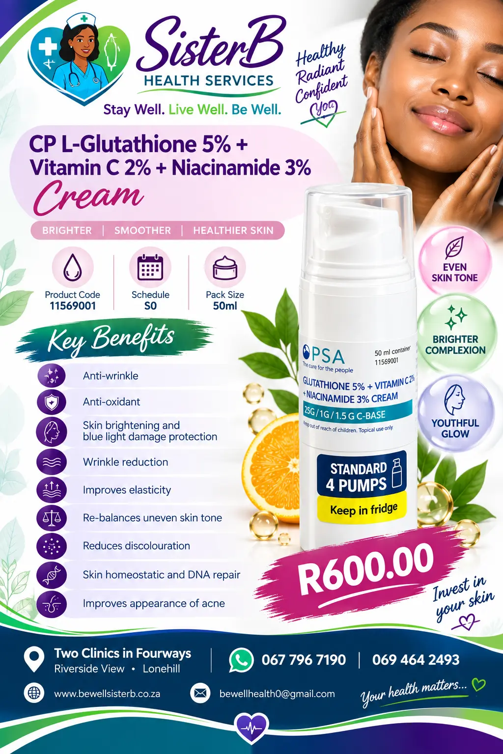 SisterB Health Services Glutathione + Vitamin C + Niacinamide Cream poster
