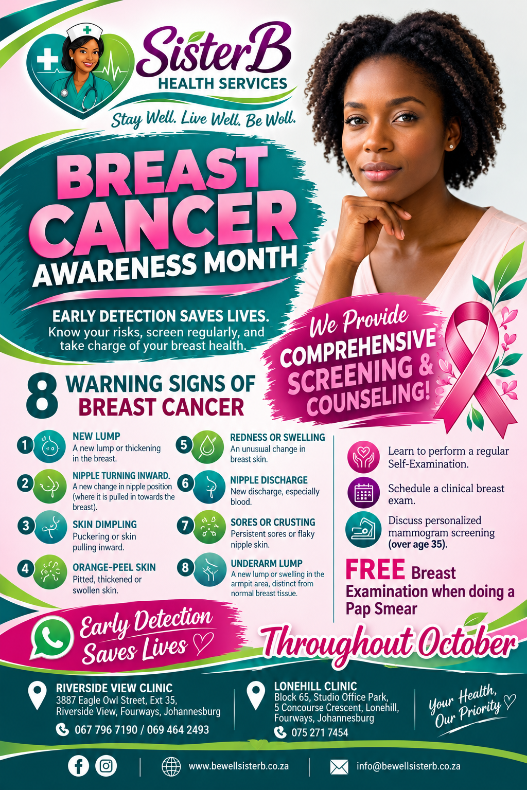 SisterB Health Services Breast Cancer Awareness Month poster — 8 warning signs of breast cancer and a free breast examination when doing a Pap smear, throughout October