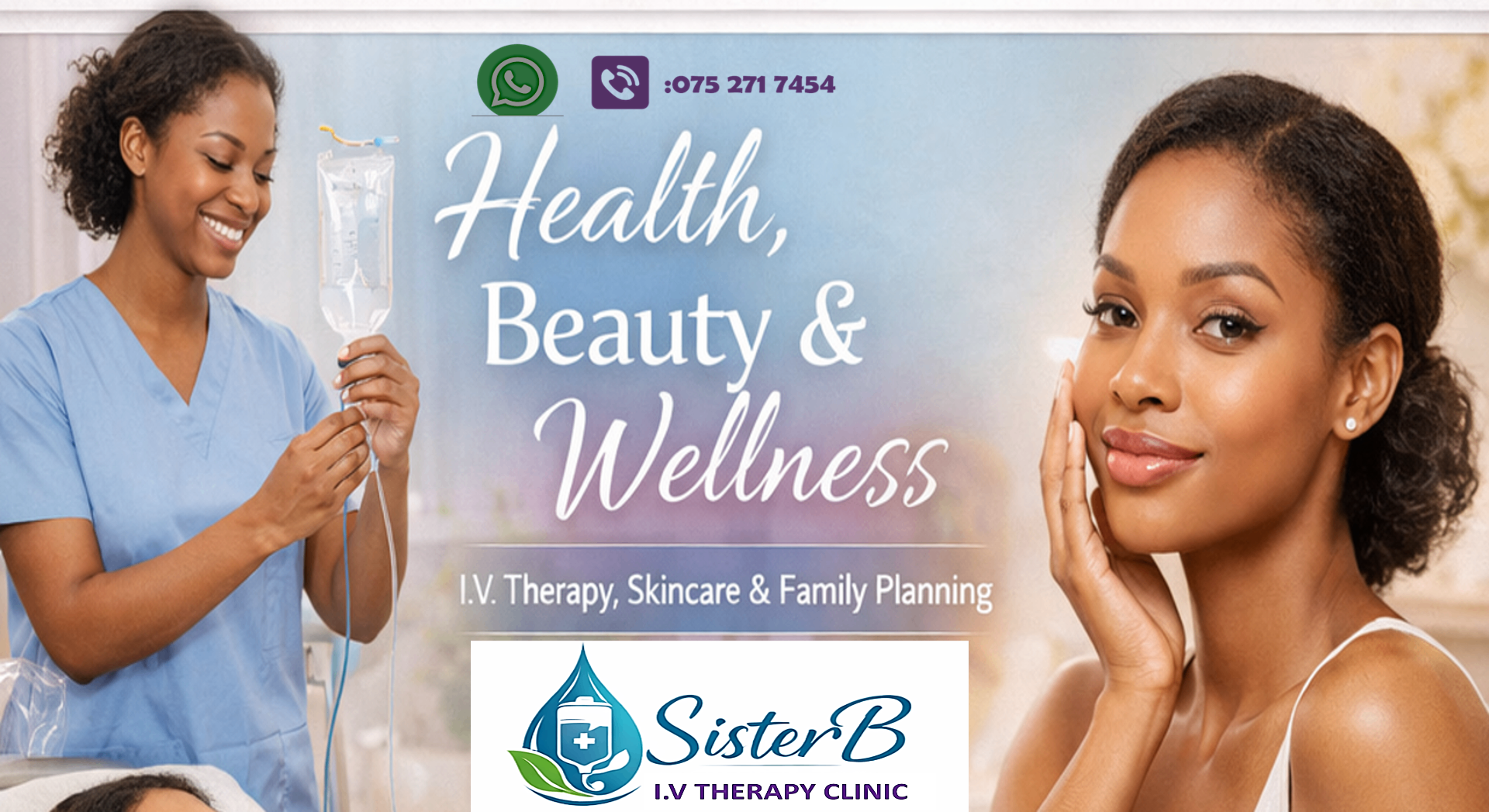 SisterB IV Therapy Clinic banner showing a healthcare practitioner with an IV drip, wellness imagery and the SisterB I.V Therapy Clinic logo